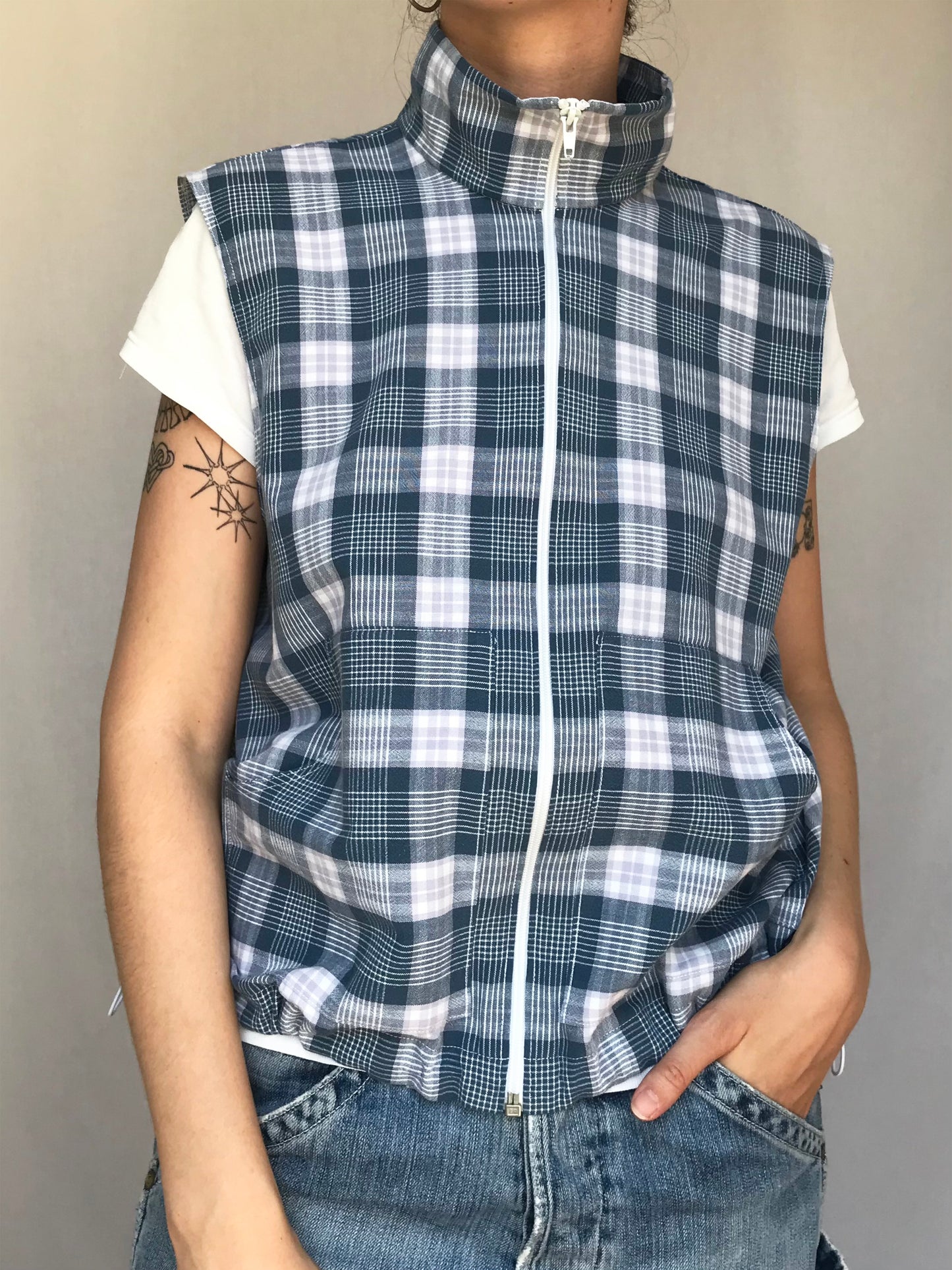 Chemise sans manche à carreaux Bleu clair