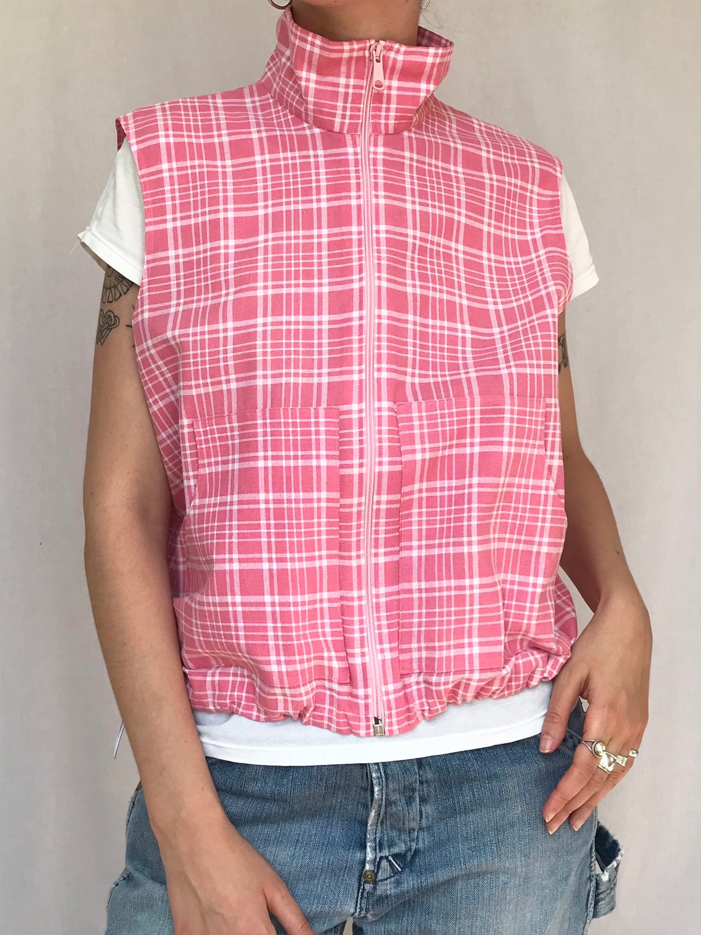 Chemise sans manche à carreaux Roses