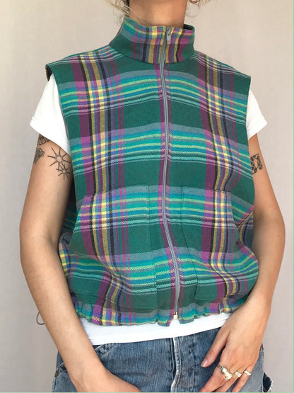 Chemise sans manche à carreaux Verts Jaunes et Roses