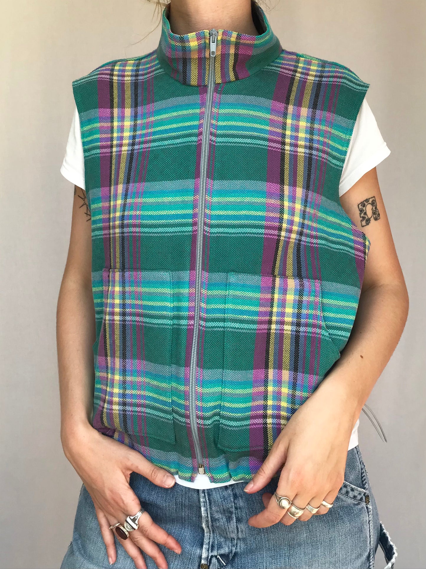Chemise sans manche à carreaux Verts Jaunes et Roses
