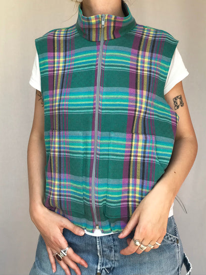 Chemise sans manche à carreaux Verts Jaunes et Roses